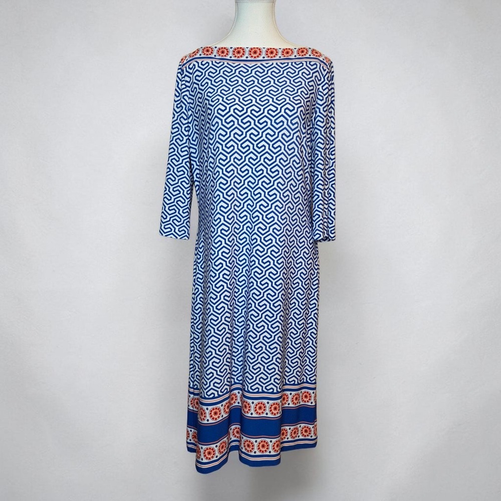 Donna Morgan Blue White Geometric Floral Border Midi Dress Size 14